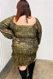 Dazzling Black Gold Foiled Smocked Fit & Flare Dress | Daverri Fashions