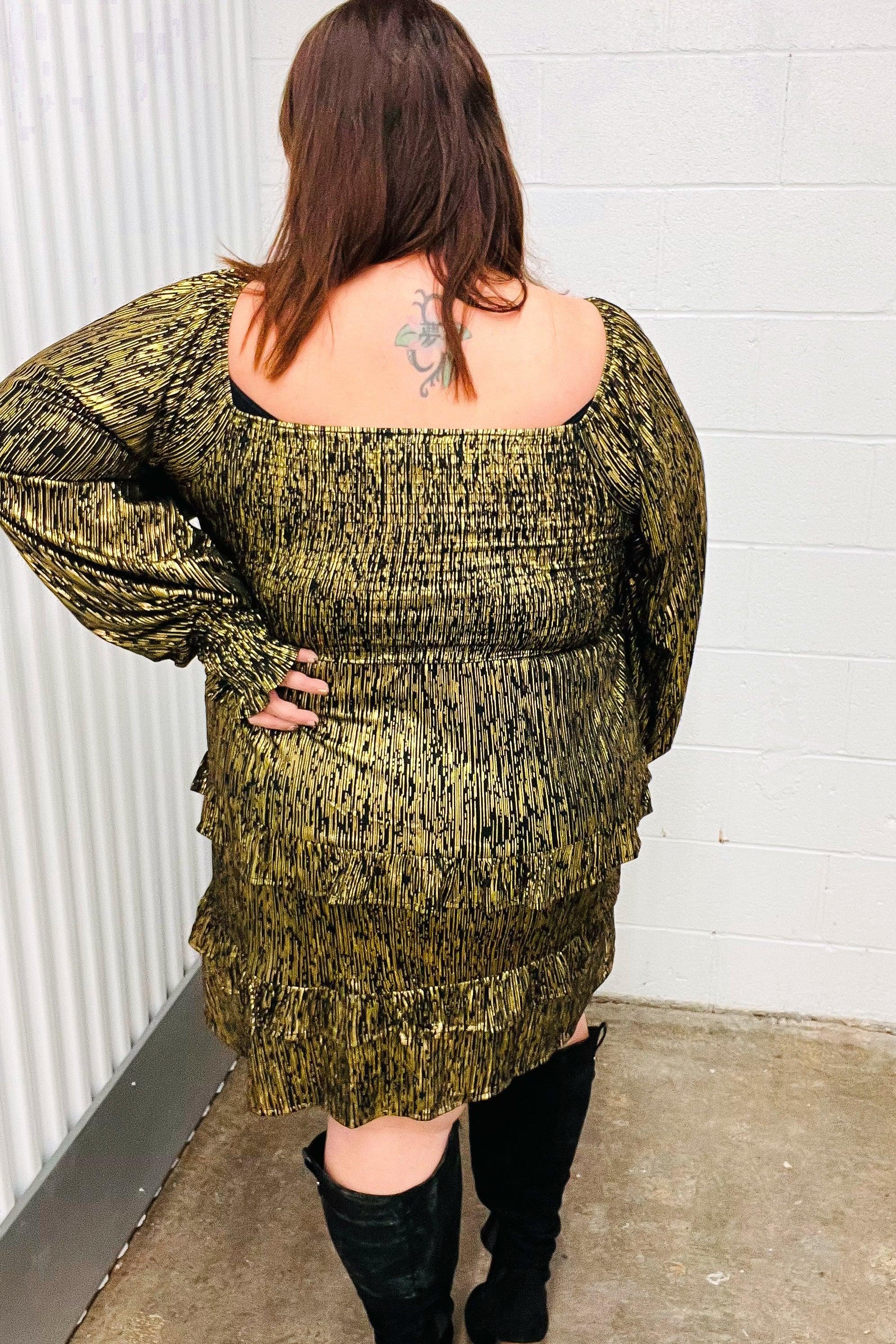 Dazzling Black Gold Foiled Smocked Fit & Flare Dress | Daverri Fashions