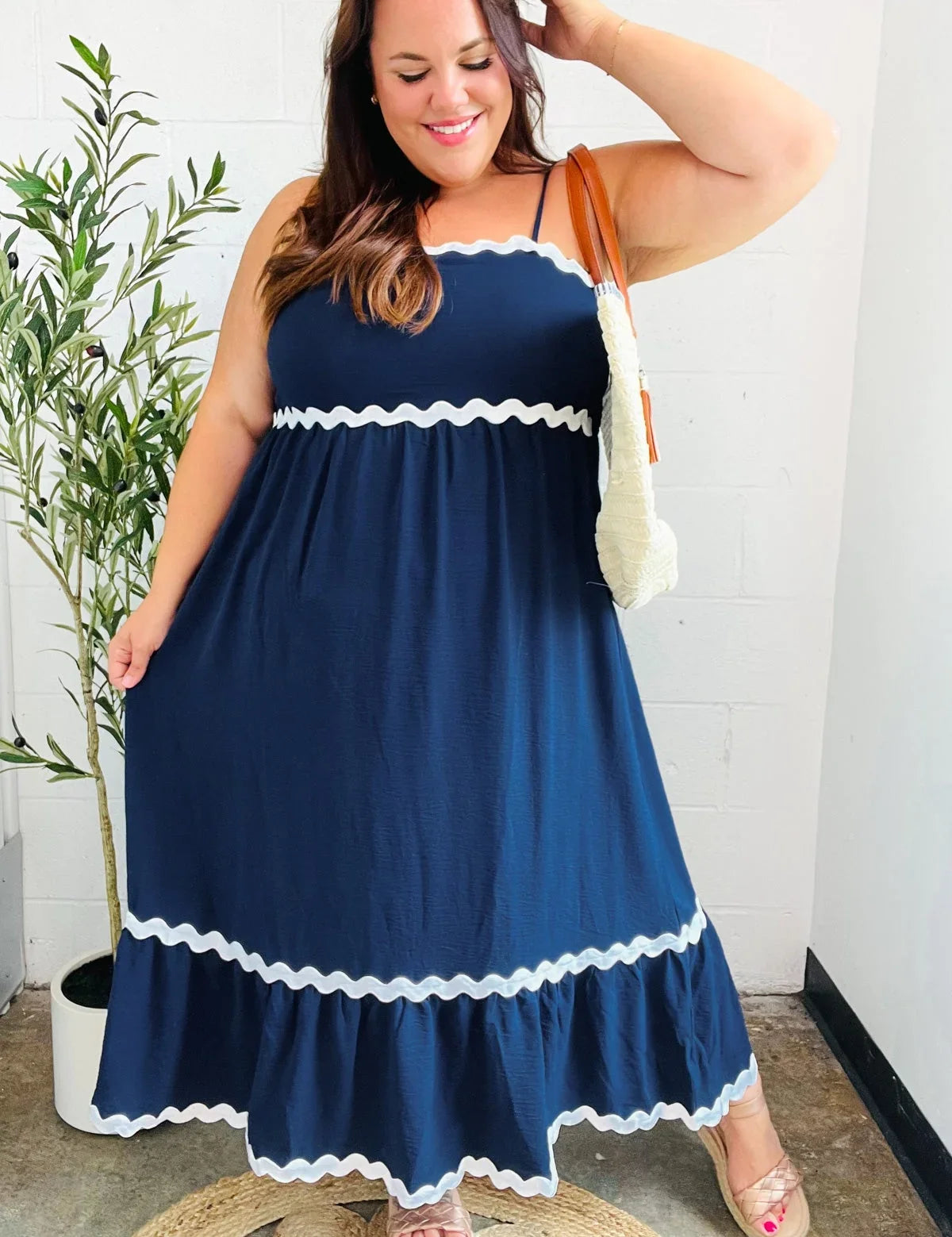 Bold & Sassy Navy Square Neck Ric Rac Trim Adjustable Straps Maxi | Daverri Fashions