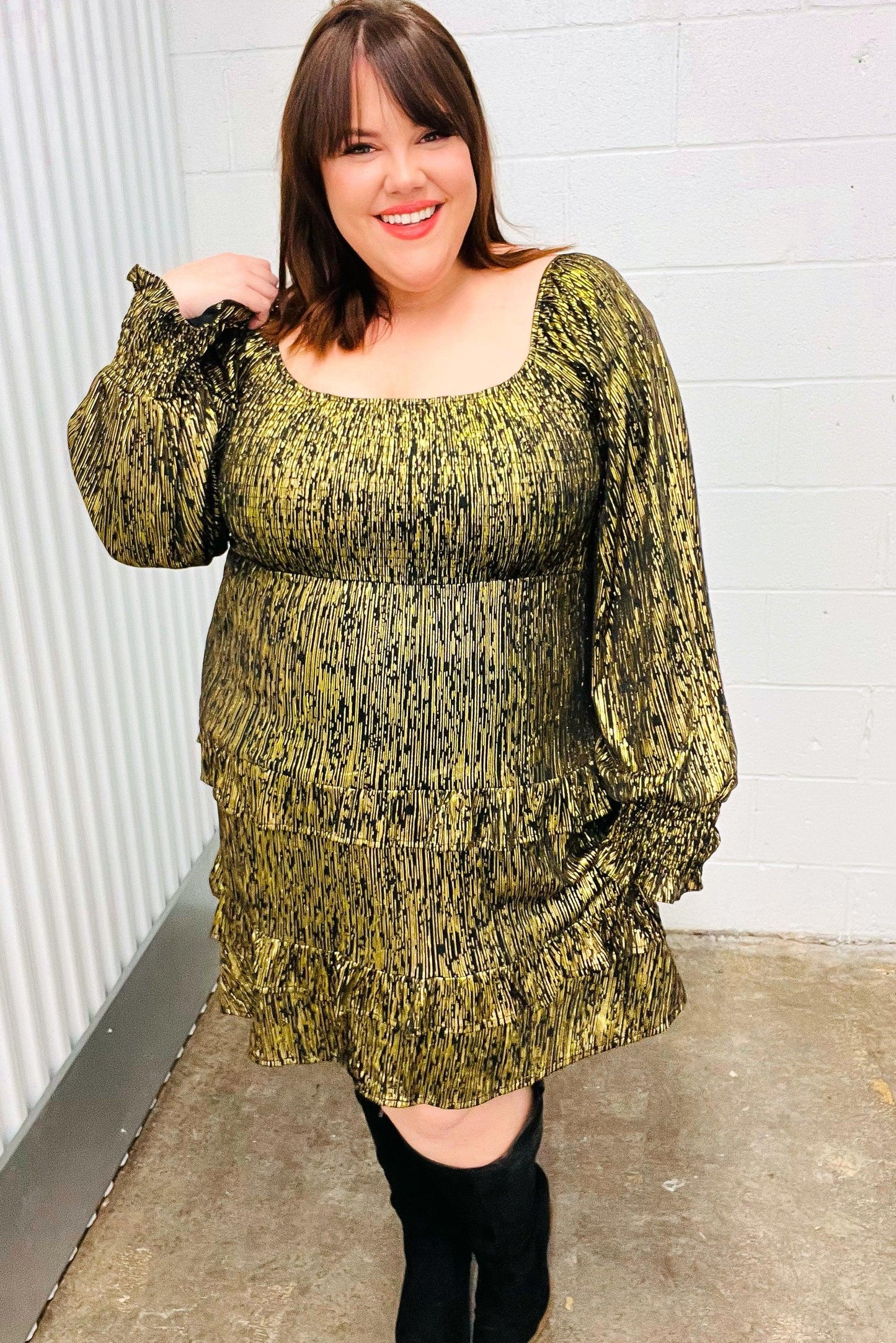 Olive green textured fit and flare dress with puffed sleeves