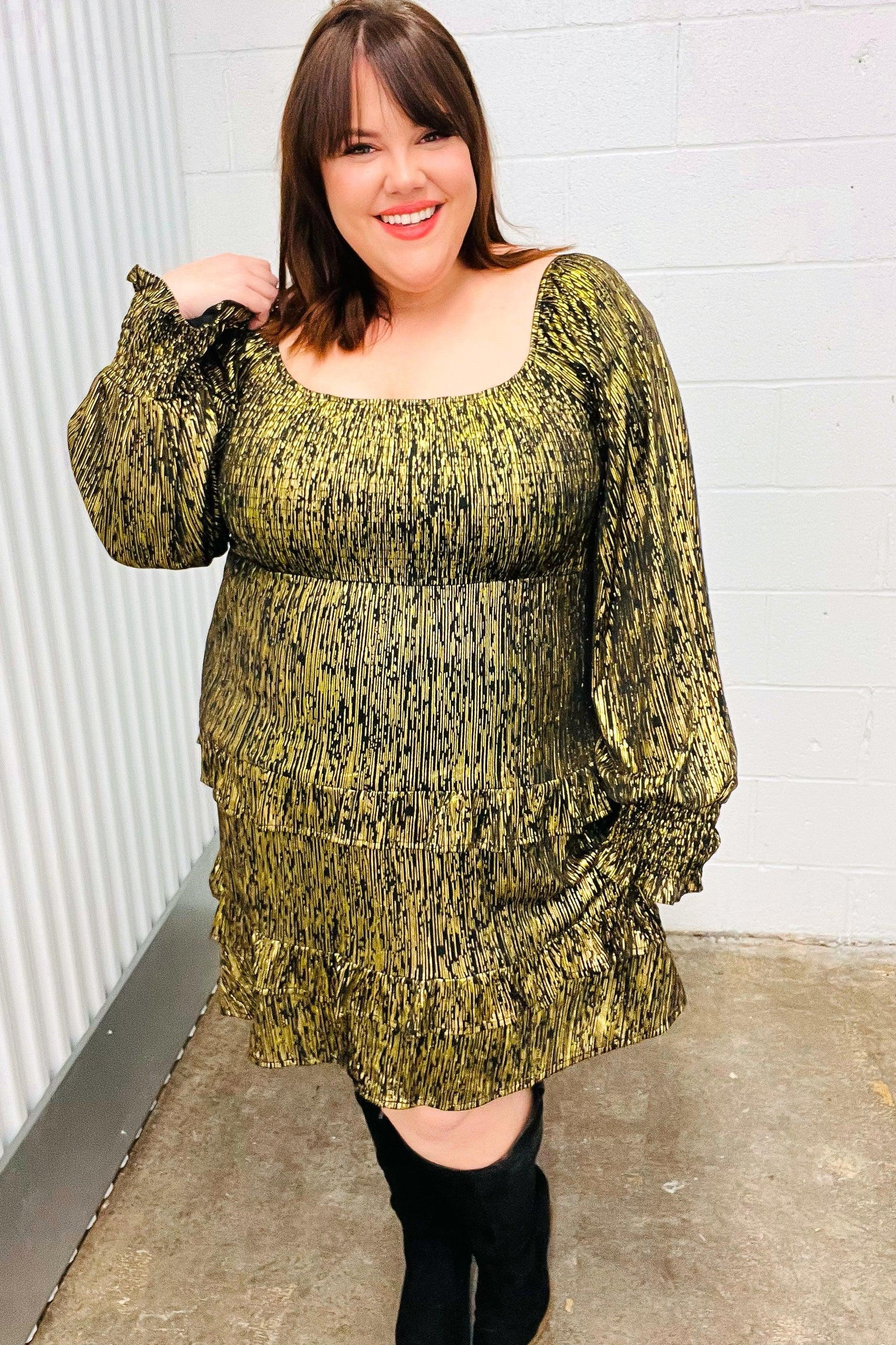 Olive green textured fit and flare dress with puffed sleeves