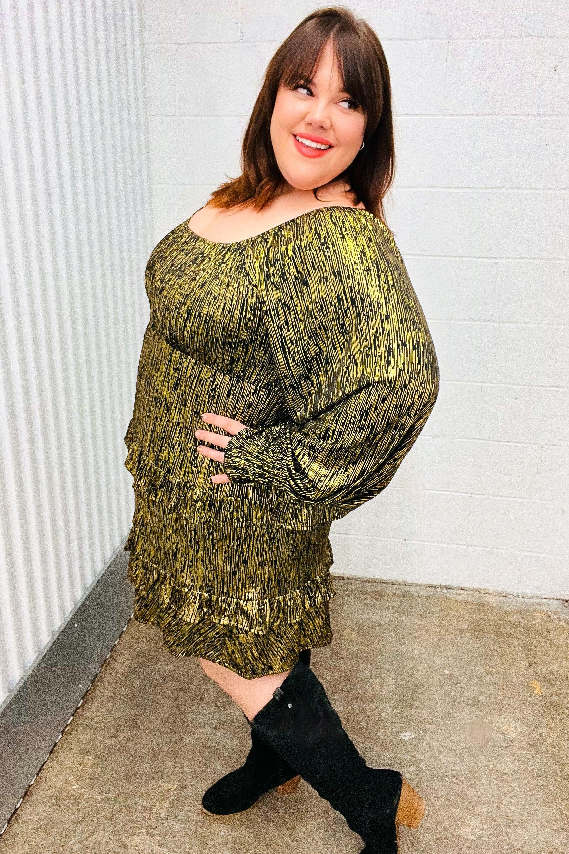 Dazzling Black Gold Foiled Smocked Fit & Flare Dress | Daverri Fashions