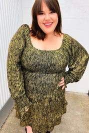 Dazzling Black Gold Foiled Smocked Fit & Flare Dress | Daverri Fashions