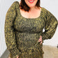Olive green textured plus size long sleeve dress with square neckline
