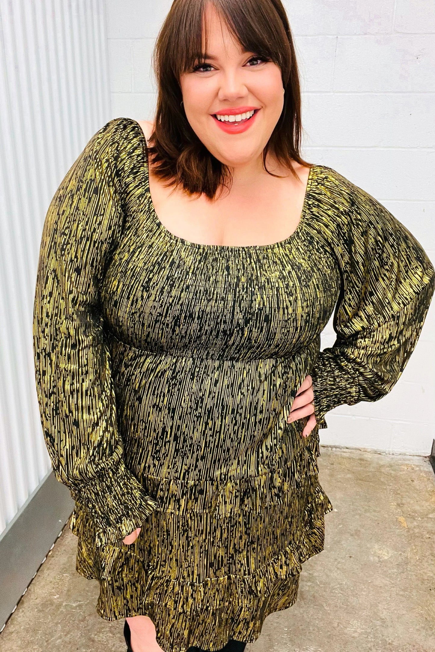 Olive green textured plus size long sleeve dress with square neckline