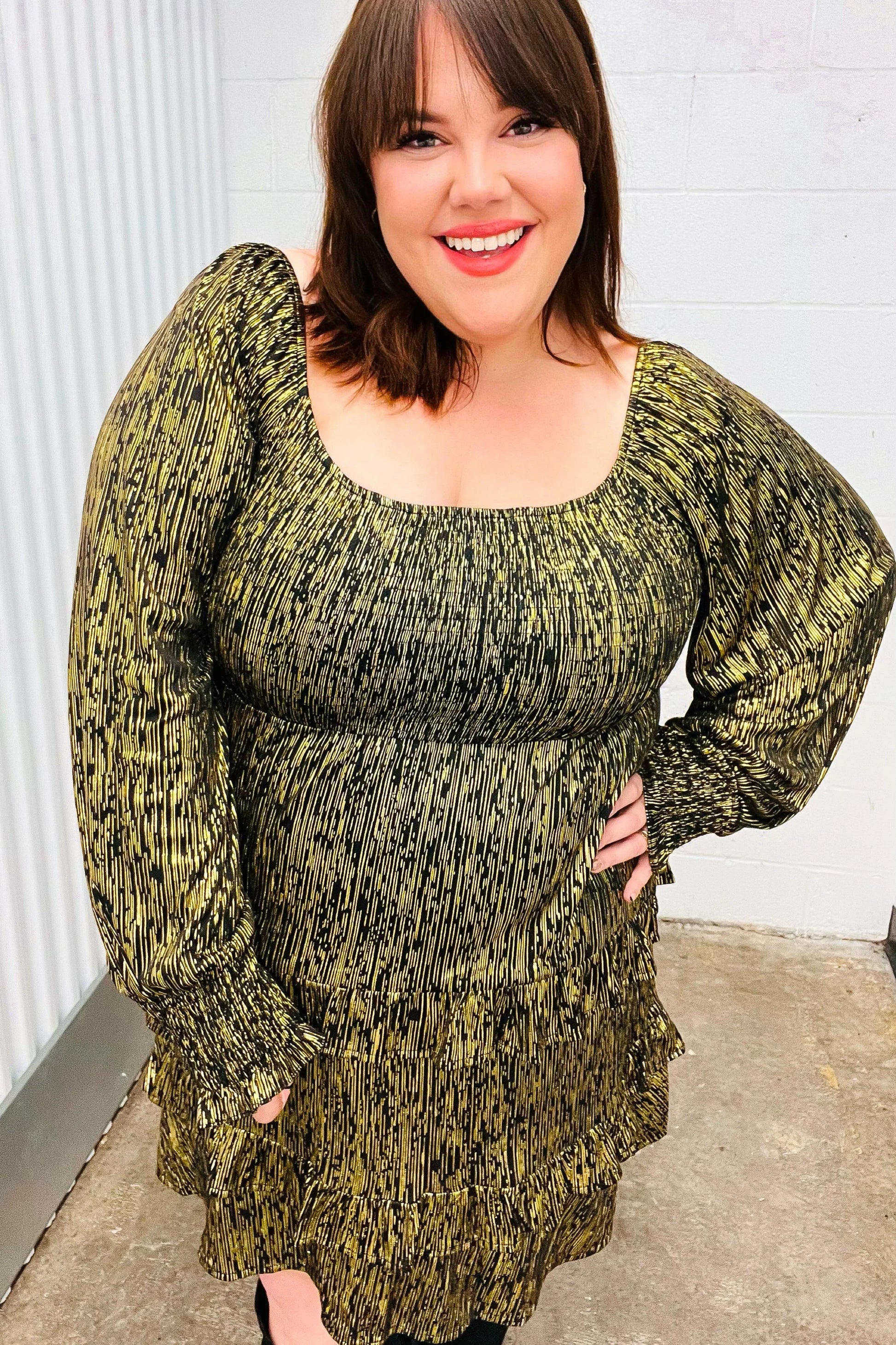 Olive green textured plus size long sleeve dress with square neckline