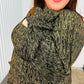 Olive green textured high-neck sweater with cutout shoulders