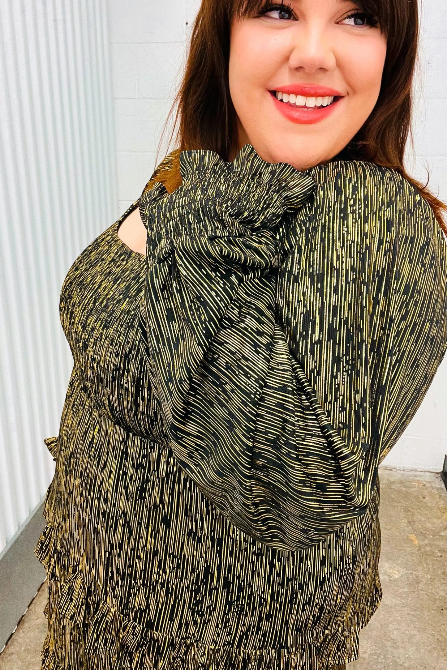 Olive green textured high-neck sweater with cutout shoulders