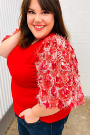 Come To Me Red Sequin Puff Short Sleeve Top | Daverri Fashions