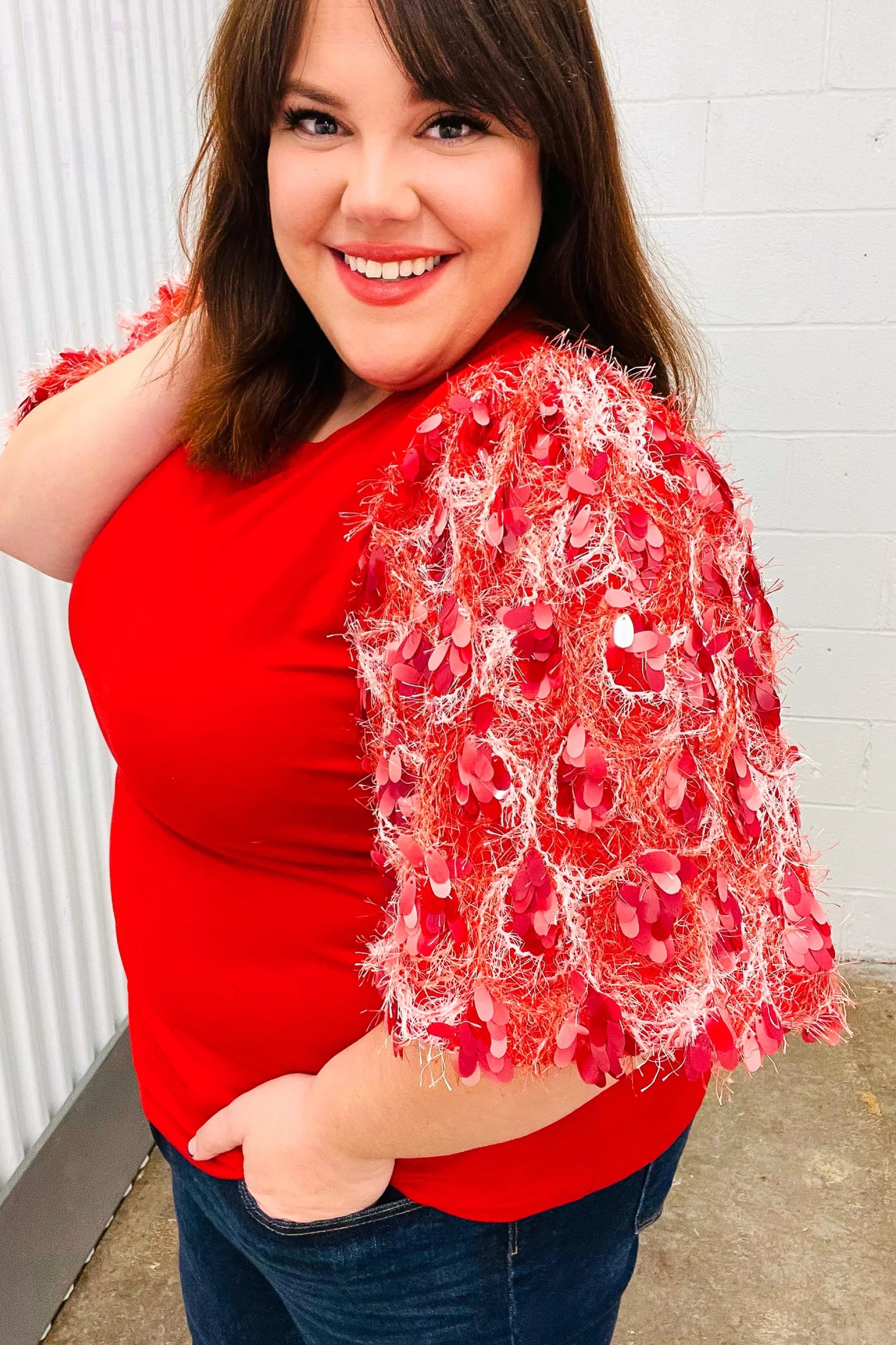 Come To Me Red Sequin Puff Short Sleeve Top | Daverri Fashions