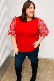 Come To Me Red Sequin Puff Short Sleeve Top | Daverri Fashions