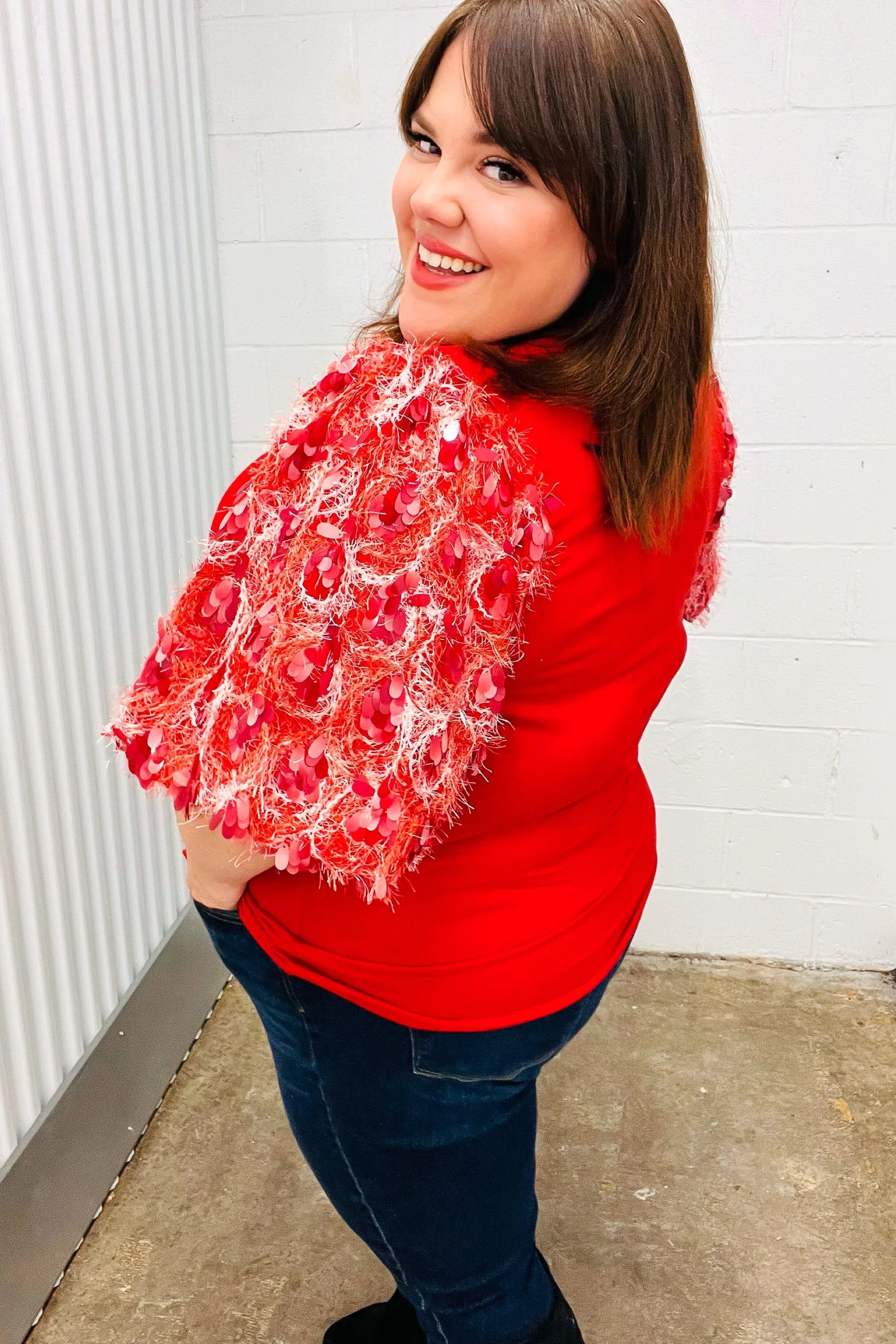 Come To Me Red Sequin Puff Short Sleeve Top | Daverri Fashions