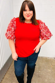 Come To Me Red Sequin Puff Short Sleeve Top | Daverri Fashions