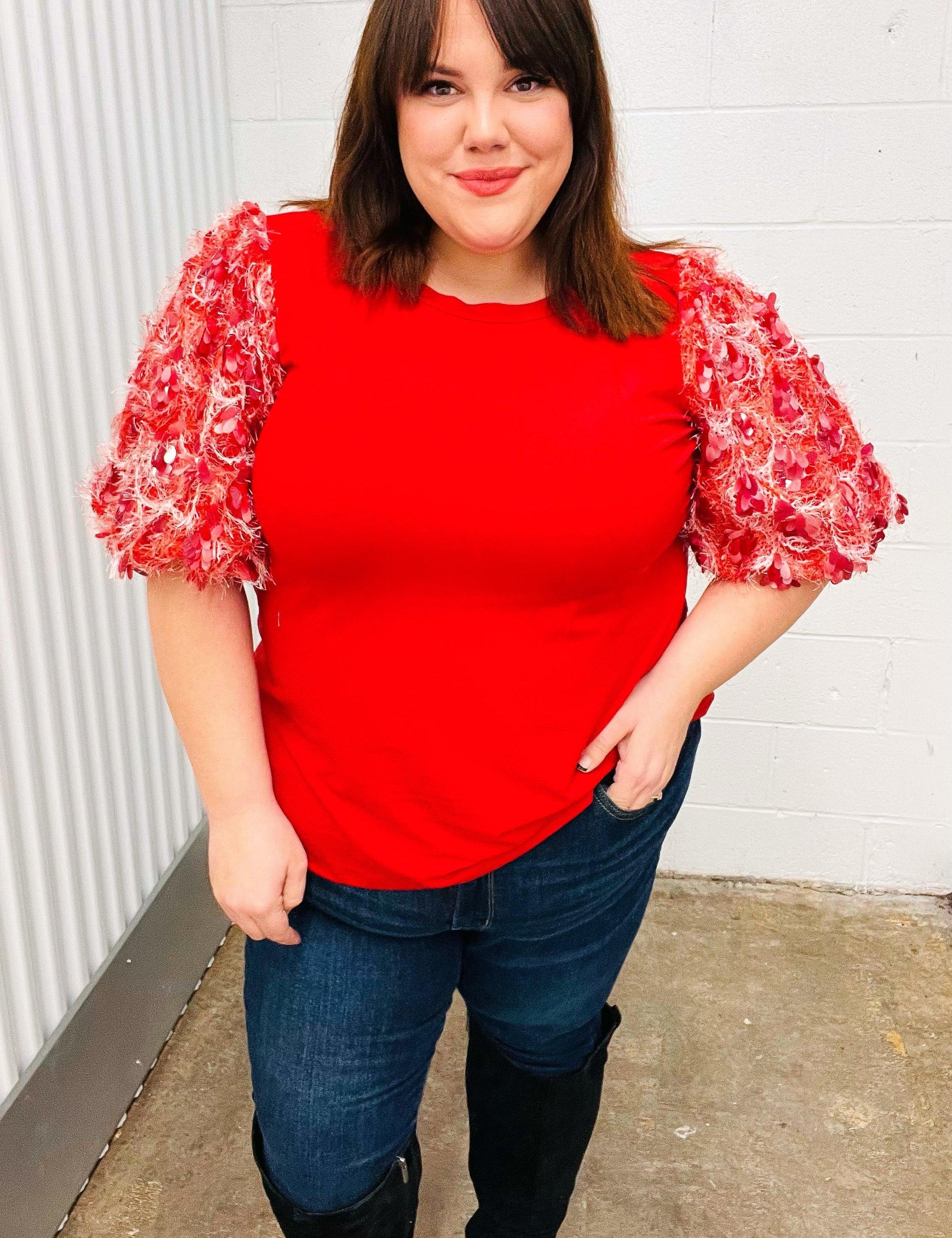 Come To Me Red Sequin Puff Short Sleeve Top | Daverri Fashions