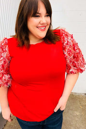 Come To Me Red Sequin Puff Short Sleeve Top | Daverri Fashions