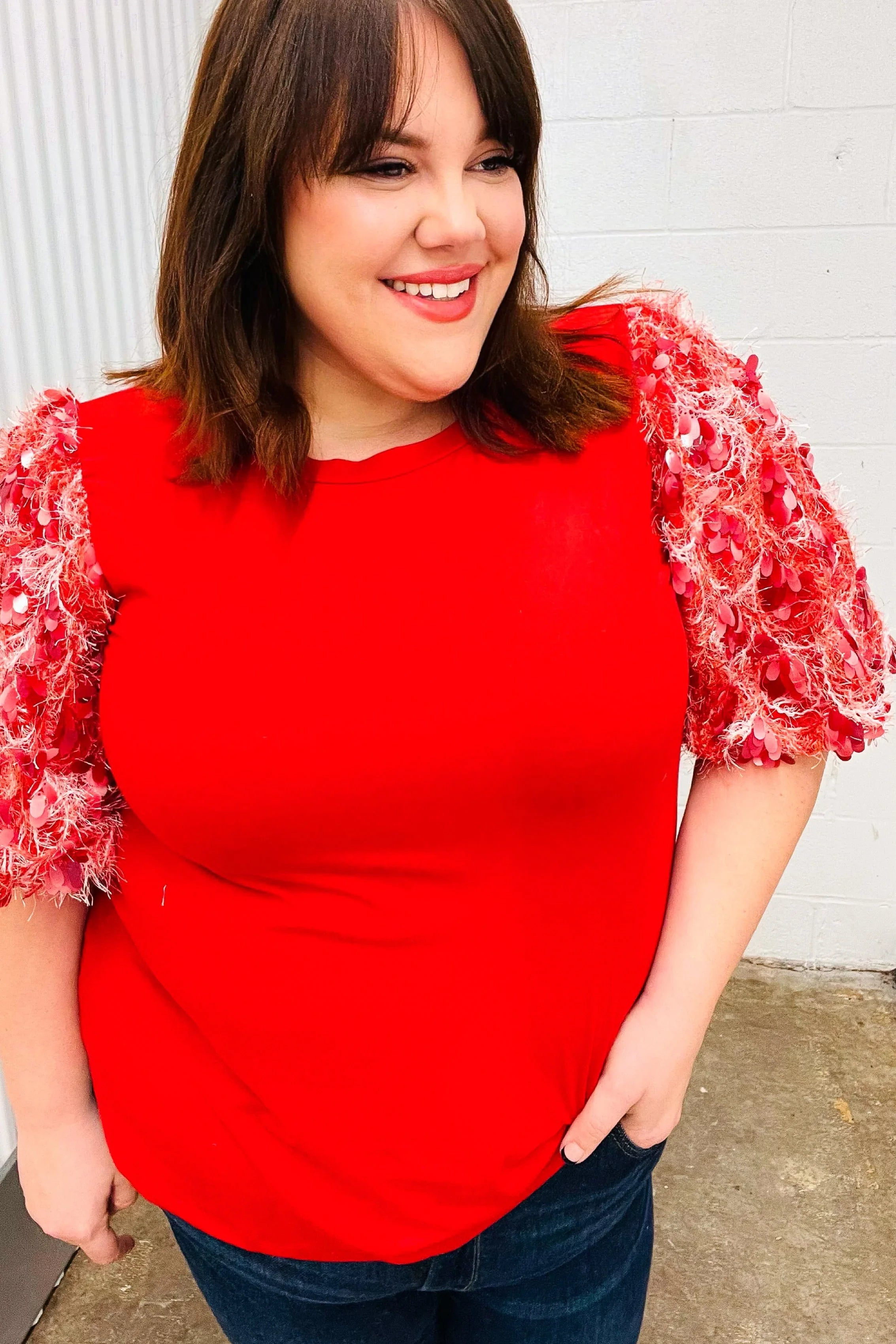 Come To Me Red Sequin Puff Short Sleeve Top | Daverri Fashions