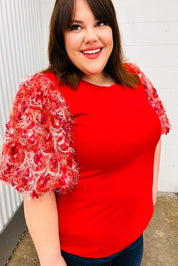 Come To Me Red Sequin Puff Short Sleeve Top | Daverri Fashions