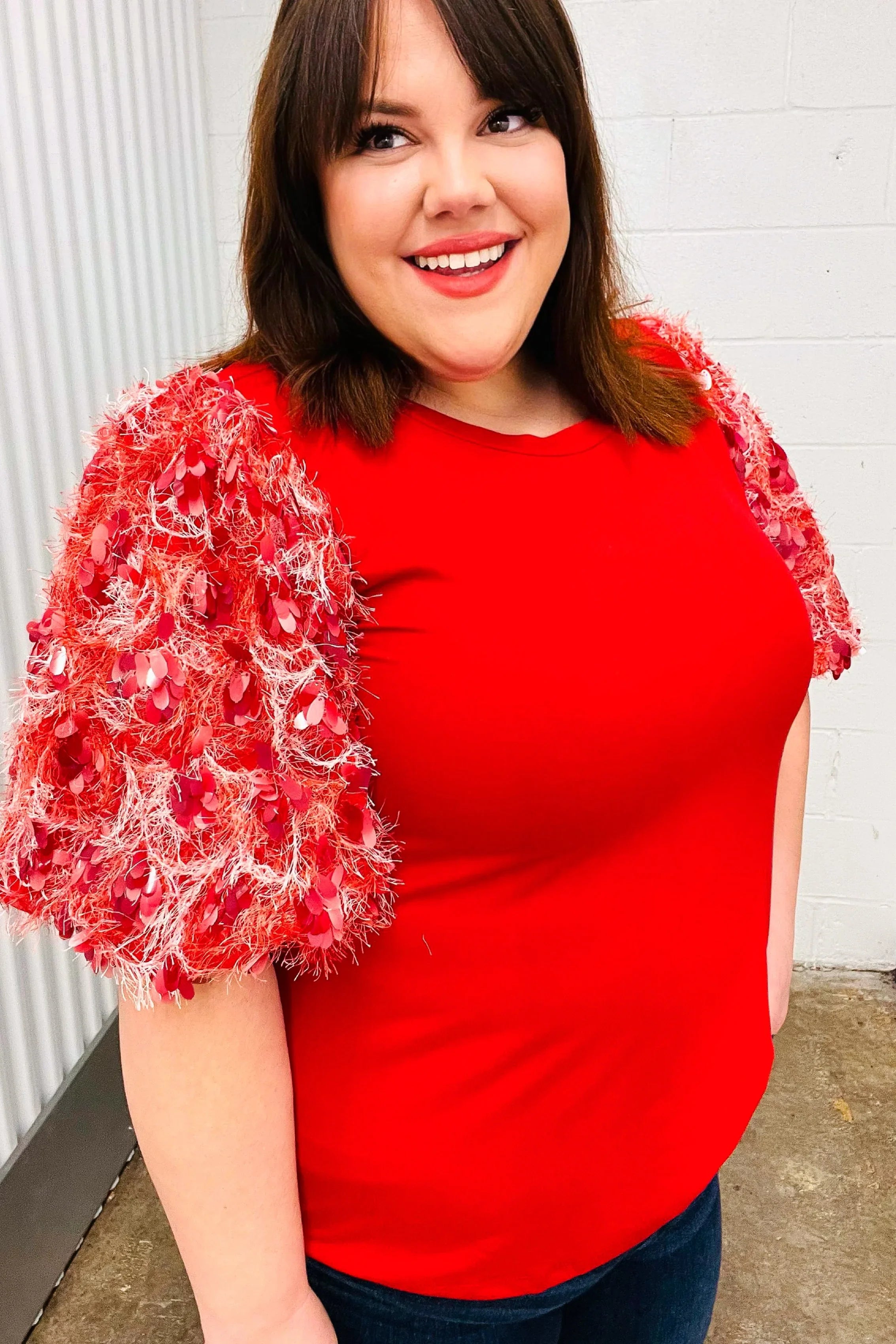 Come To Me Red Sequin Puff Short Sleeve Top | Daverri Fashions