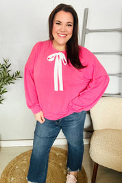 Pretty In Pink French Terry Bow Tie Drop Shoulder Pullover | Daverri Fashions
