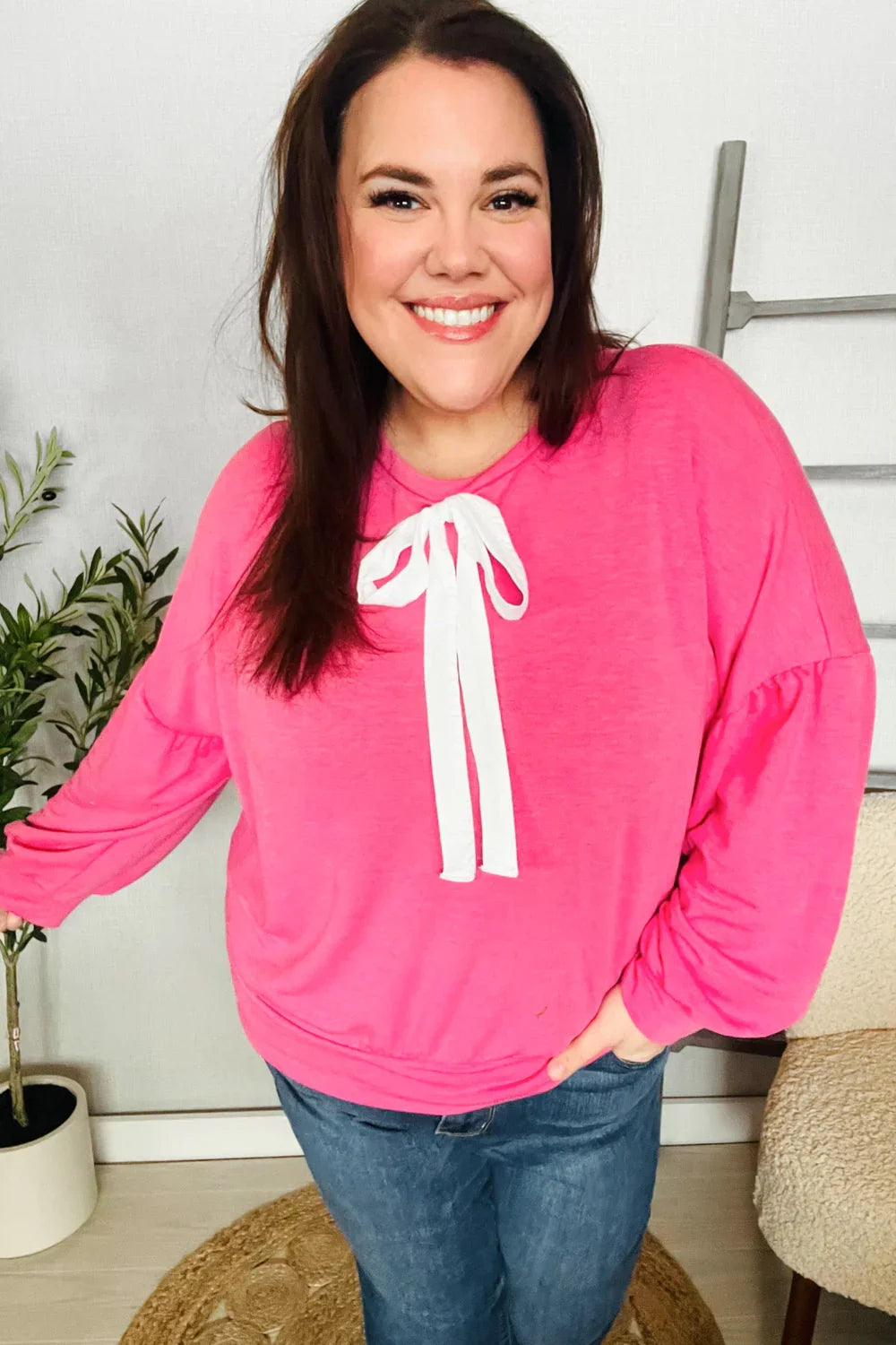 Pretty In Pink French Terry Bow Tie Drop Shoulder Pullover | Daverri Fashions