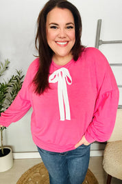 Pretty In Pink French Terry Bow Tie Drop Shoulder Pullover | Daverri Fashions