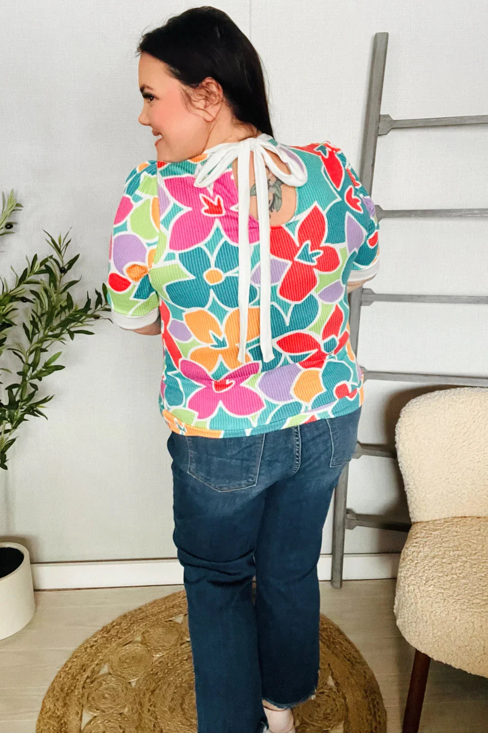 Spring Vibes Multicolor floral Rib Back Bow Tie Detail Top | 07-01-25 Summer Sale Daverri Fashions