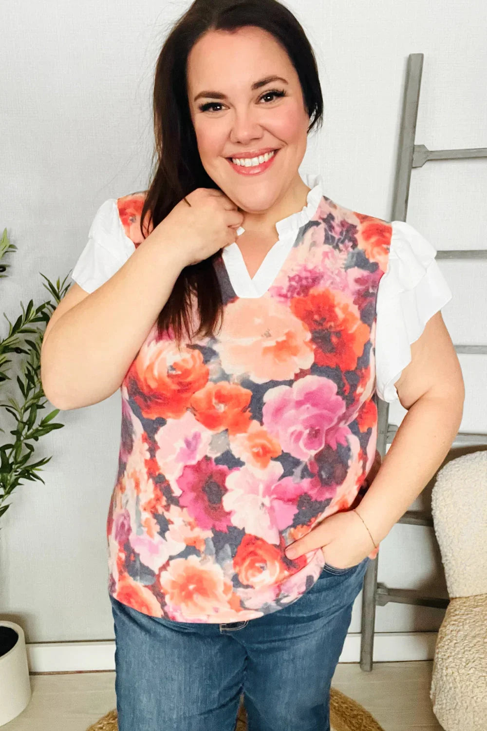 You Got This Floral Hacci TwoFer Short Ruffle Sleeve Blouse | Daverri Fashions