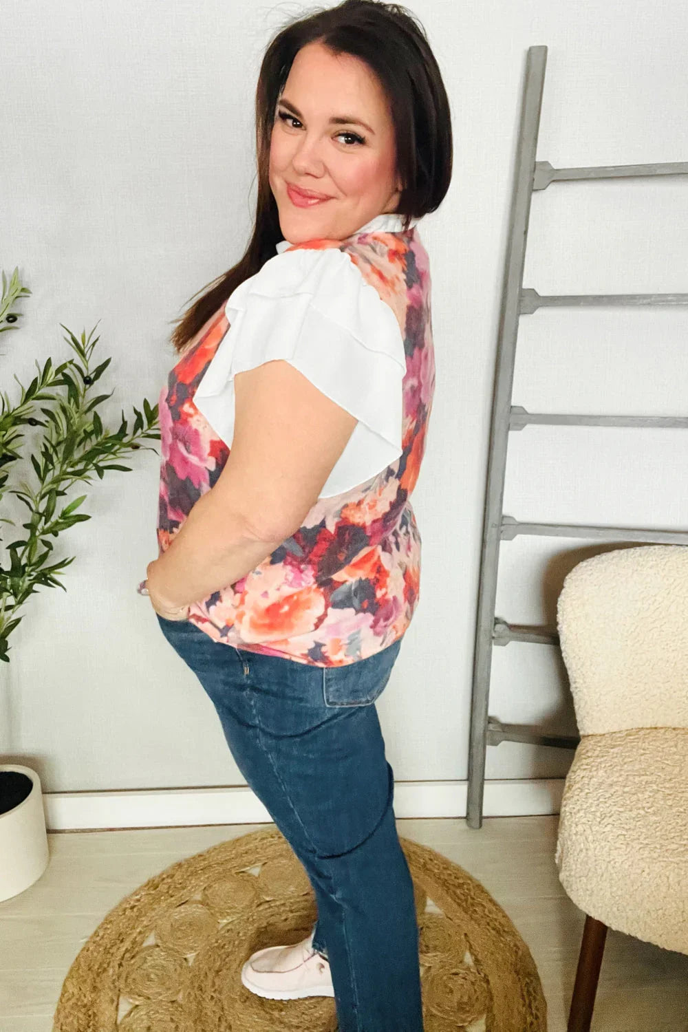 You Got This Floral Hacci TwoFer Short Ruffle Sleeve Blouse | Daverri Fashions