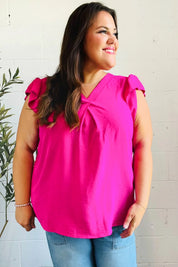 Summer Days Fuchsia Banded V Neck Flutter Sleeve Top | 07-01-25 Summer Sale Daverri Fashions