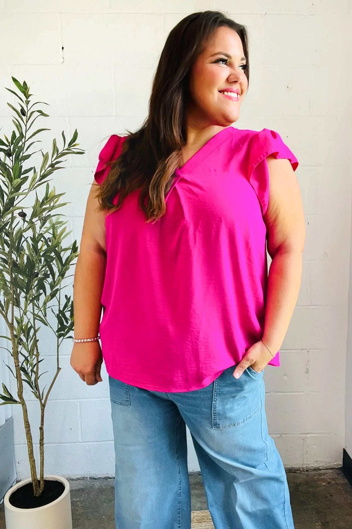 Summer Days Fuchsia Banded V Neck Flutter Sleeve Top | 07-01-25 Summer Sale Daverri Fashions