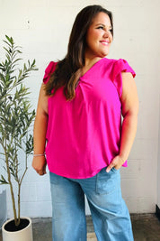 Summer Days Fuchsia Banded V Neck Flutter Sleeve Top | 07-01-25 Summer Sale Daverri Fashions