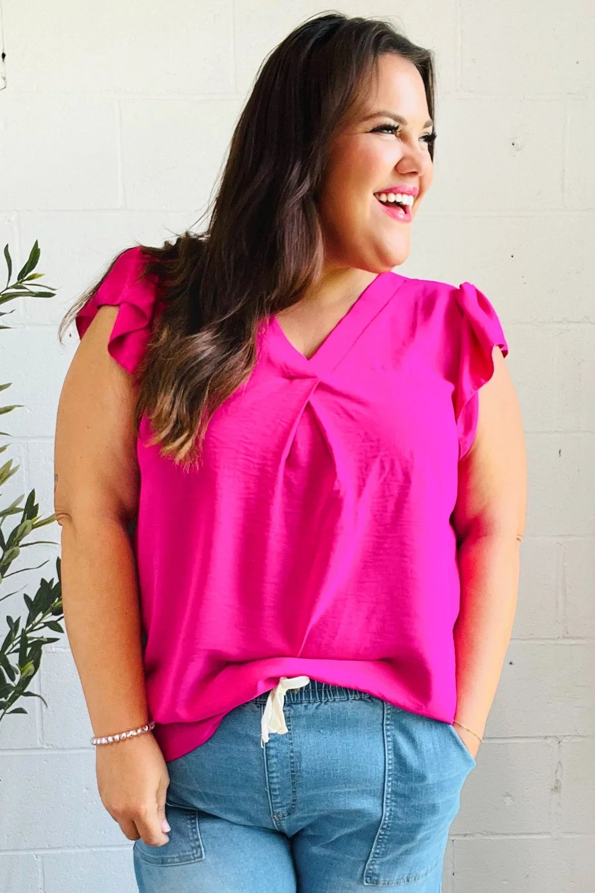 Summer Days Fuchsia Banded V Neck Flutter Sleeve Top | 07-01-25 Summer Sale Daverri Fashions