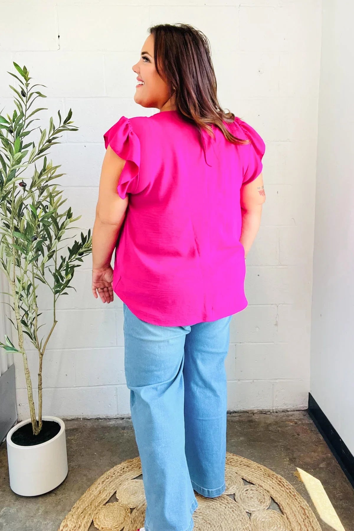 Summer Days Fuchsia Banded V Neck Flutter Sleeve Top | 07-01-25 Summer Sale Daverri Fashions