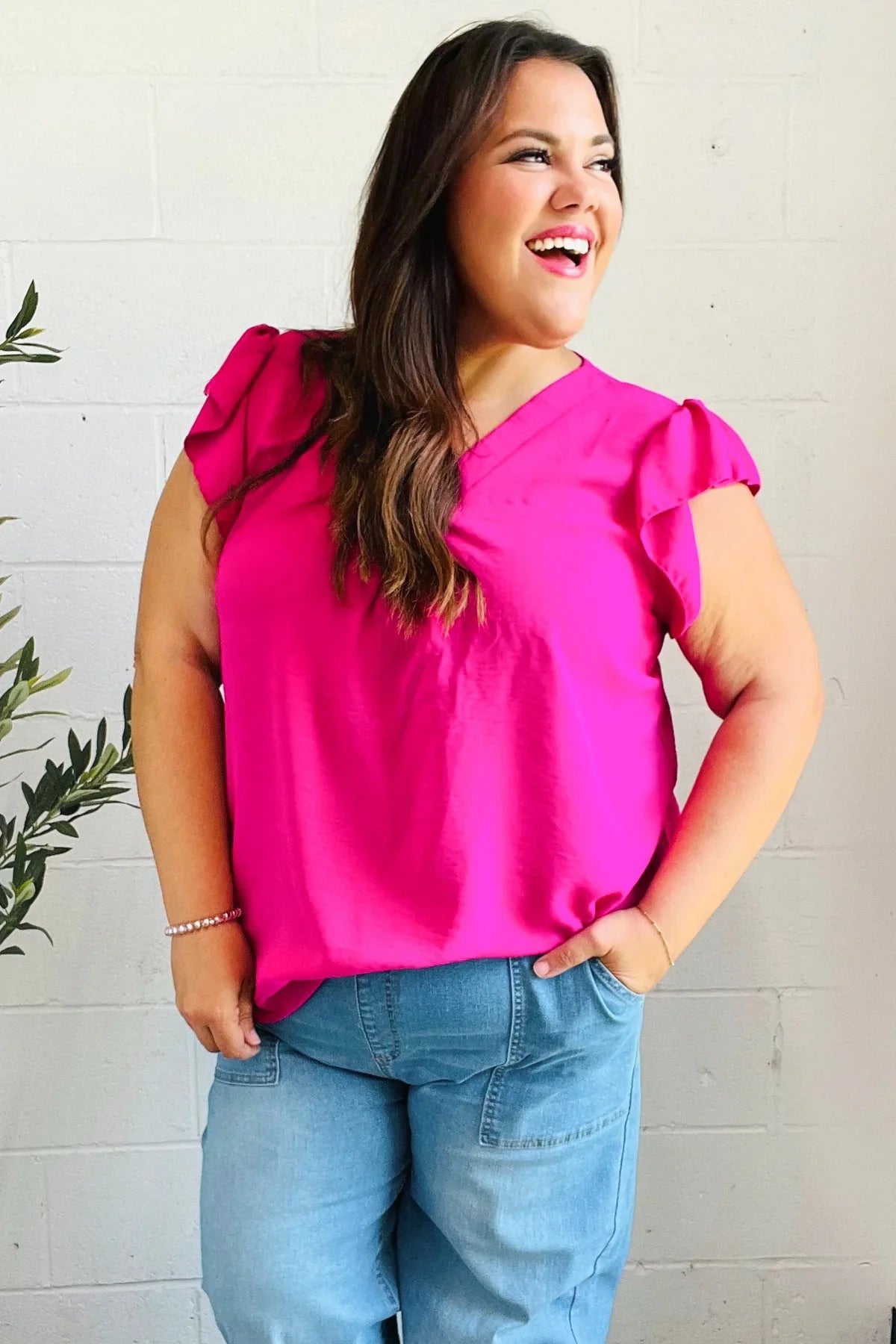 Summer Days Fuchsia Banded V Neck Flutter Sleeve Top | 07-01-25 Summer Sale Daverri Fashions