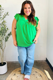 Sunny Days Kelly Green Banded V Neck Flutter Sleeve Top | 2024 Summer Blow Out Sale Daverri Fashions