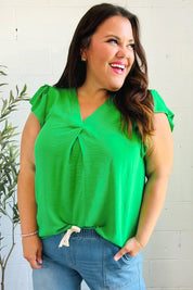 Sunny Days Kelly Green Banded V Neck Flutter Sleeve Top | 2024 Summer Blow Out Sale Daverri Fashions