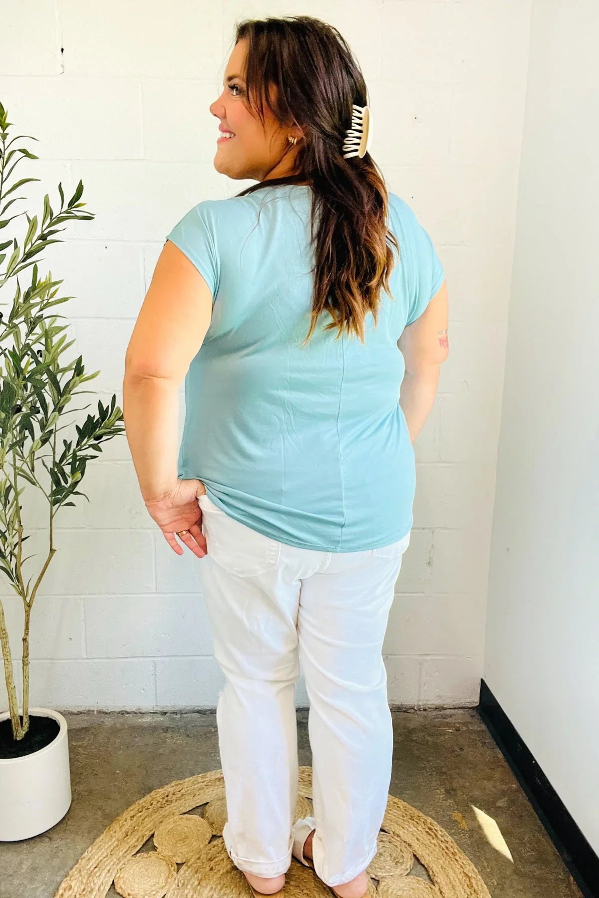 Charming in Aqua Asymmetrical Shirred Modal Top | 07-01-25 Summer Sale Daverri Fashions