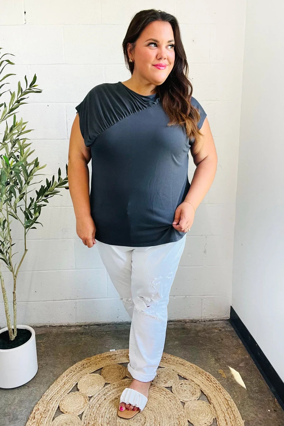 Charming In Charcoal Asymmetrical Shirred Modal Top | 07-01-25 Summer Sale Daverri Fashions