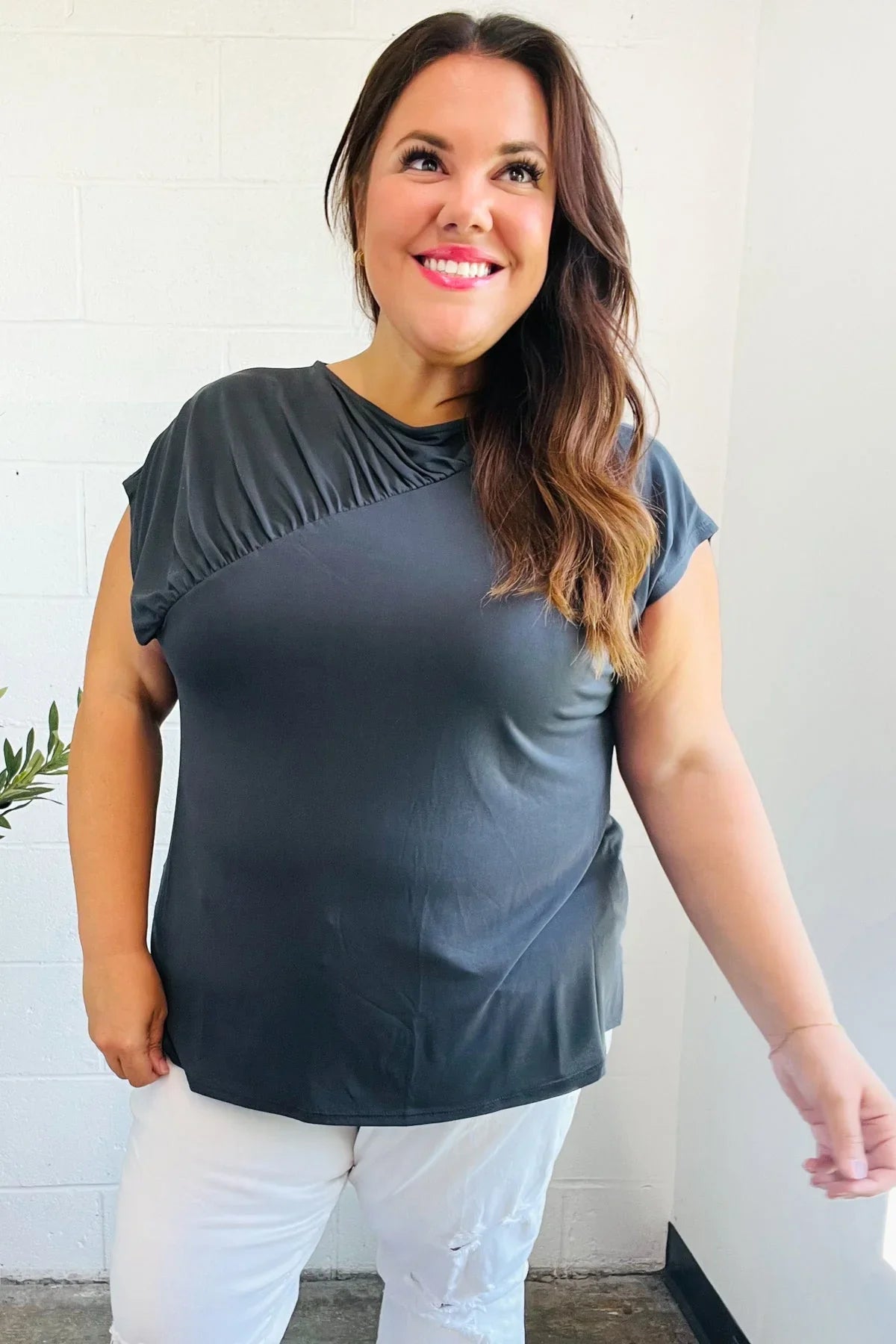 Charming In Charcoal Asymmetrical Shirred Modal Top | 07-01-25 Summer Sale Daverri Fashions