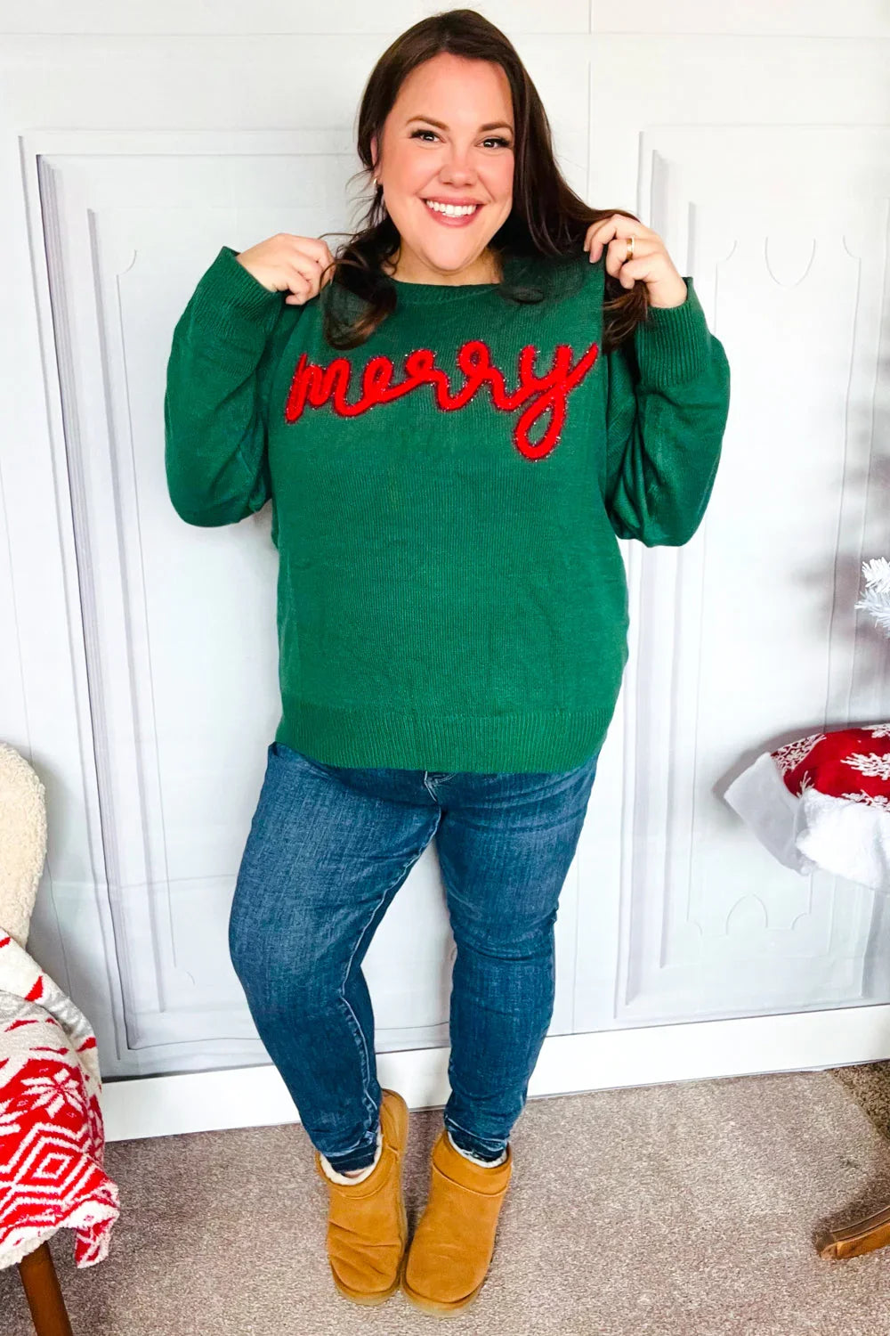 Be Merry Hunter Green Pop Up Sweater | Daverri Fashions