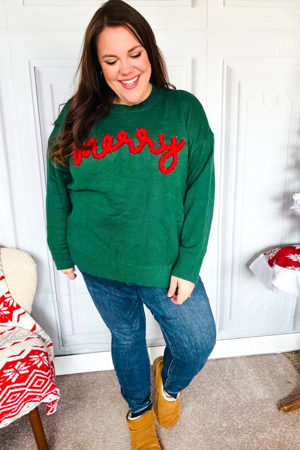 Be Merry Hunter Green Pop Up Sweater | Daverri Fashions