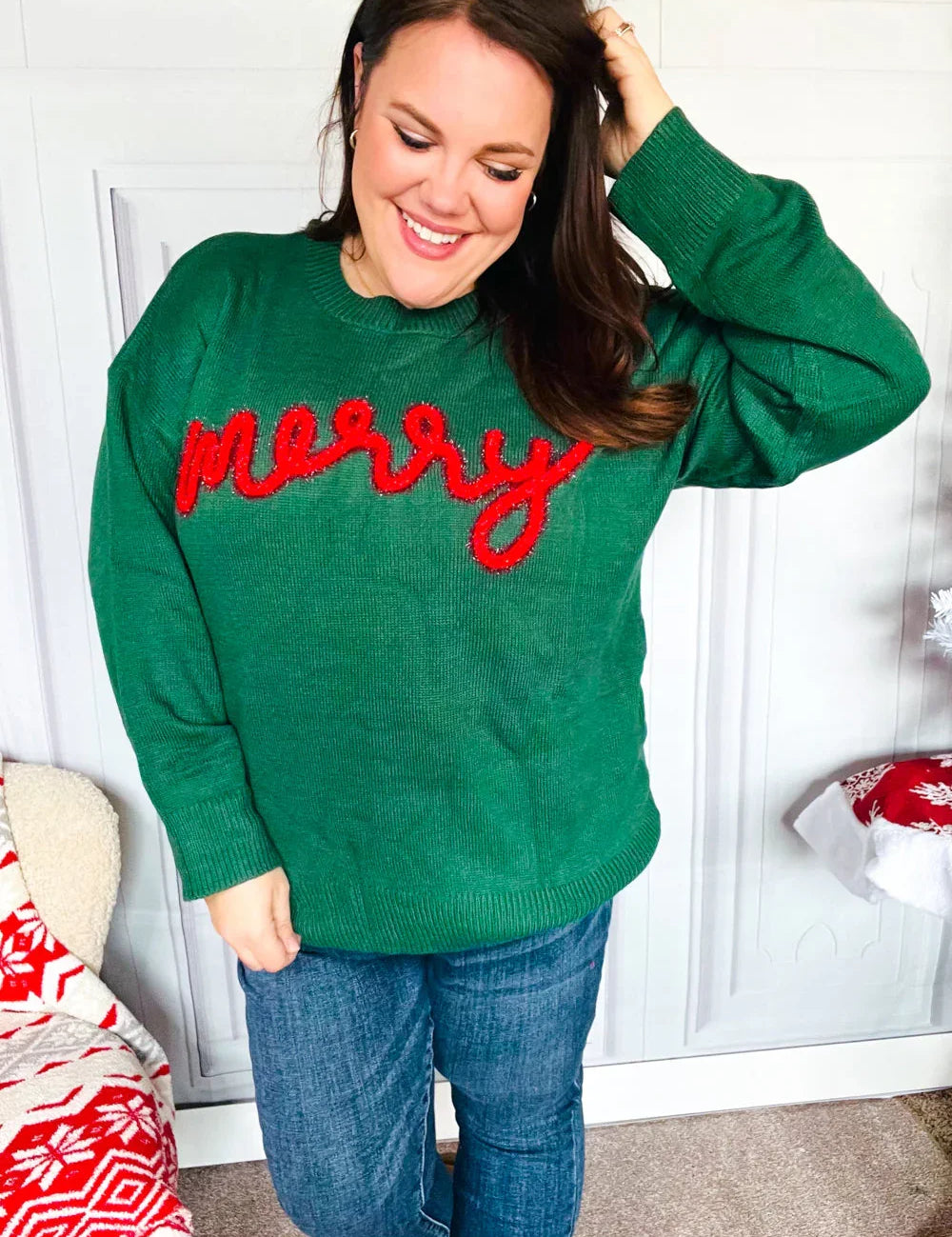Be Merry Hunter Green Pop Up Sweater | Daverri Fashions