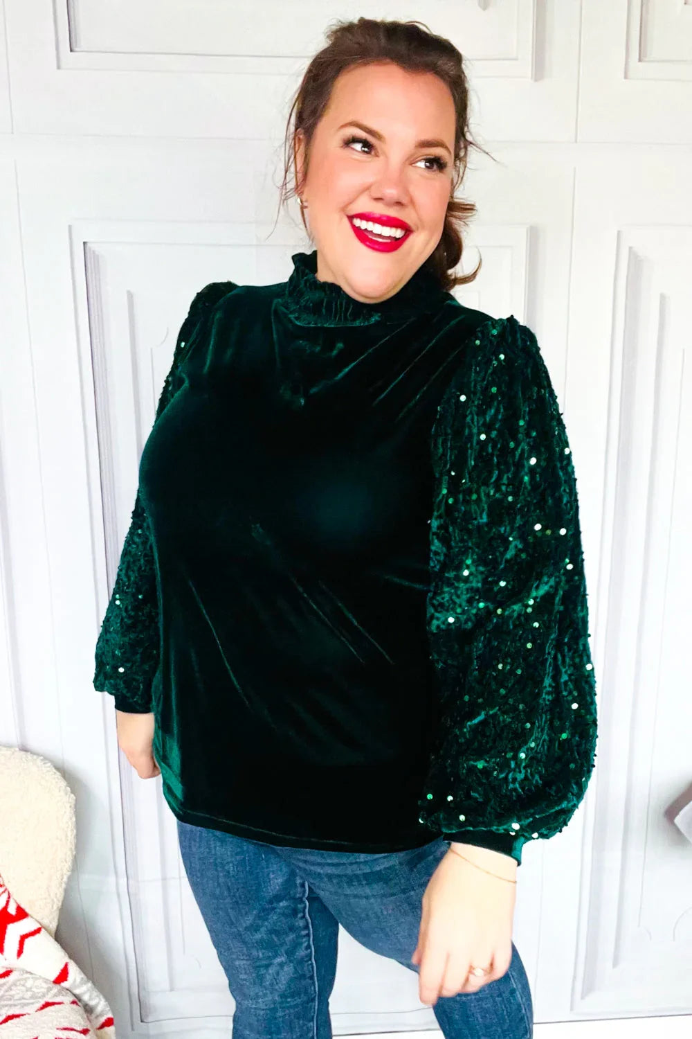 Under the Lights Green Velvet & Sequin Frill Mock Neck Top | Daverri Fashions