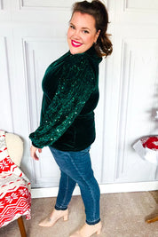 Under the Lights Green Velvet & Sequin Frill Mock Neck Top | Daverri Fashions