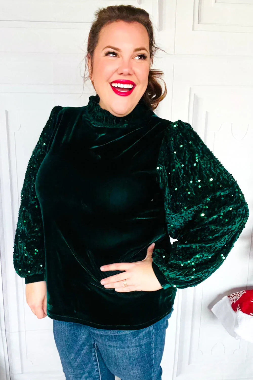 Under the Lights Green Velvet & Sequin Frill Mock Neck Top | Daverri Fashions
