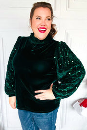 Under the Lights Green Velvet & Sequin Frill Mock Neck Top | Daverri Fashions