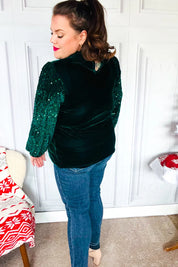 Under the Lights Green Velvet & Sequin Frill Mock Neck Top | Daverri Fashions