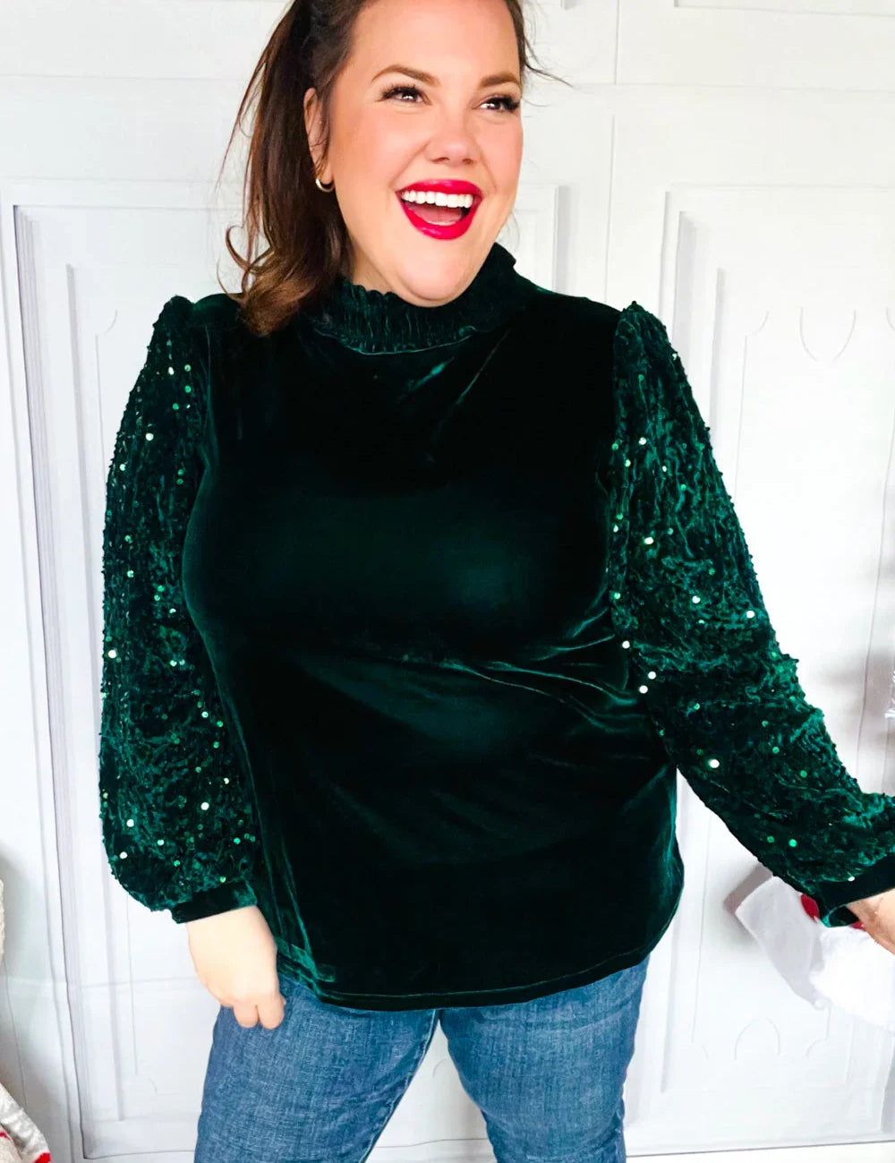 Under the Lights Green Velvet & Sequin Frill Mock Neck Top | Daverri Fashions