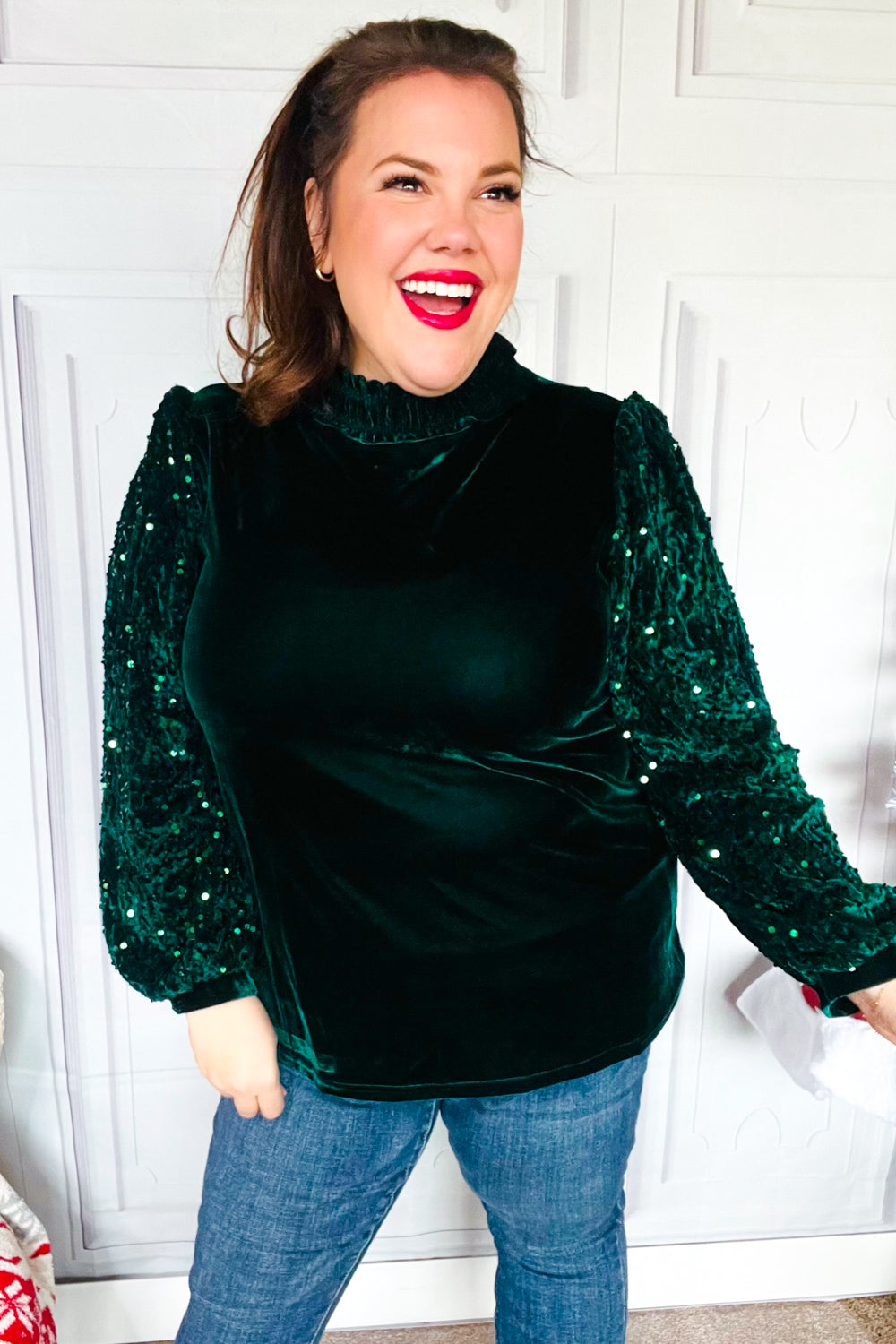 Emerald green velvet top with sequined long sleeves