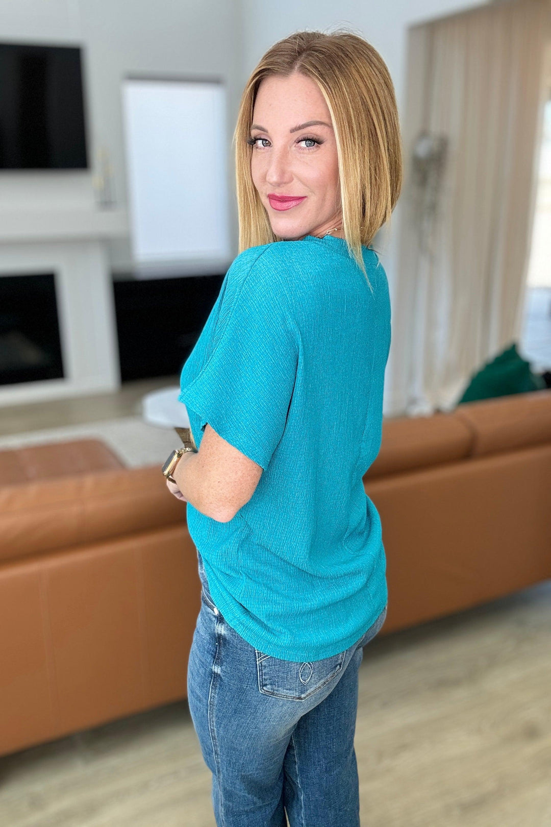 Trial and Error Textured V-Neck Blouse in Teal Tops